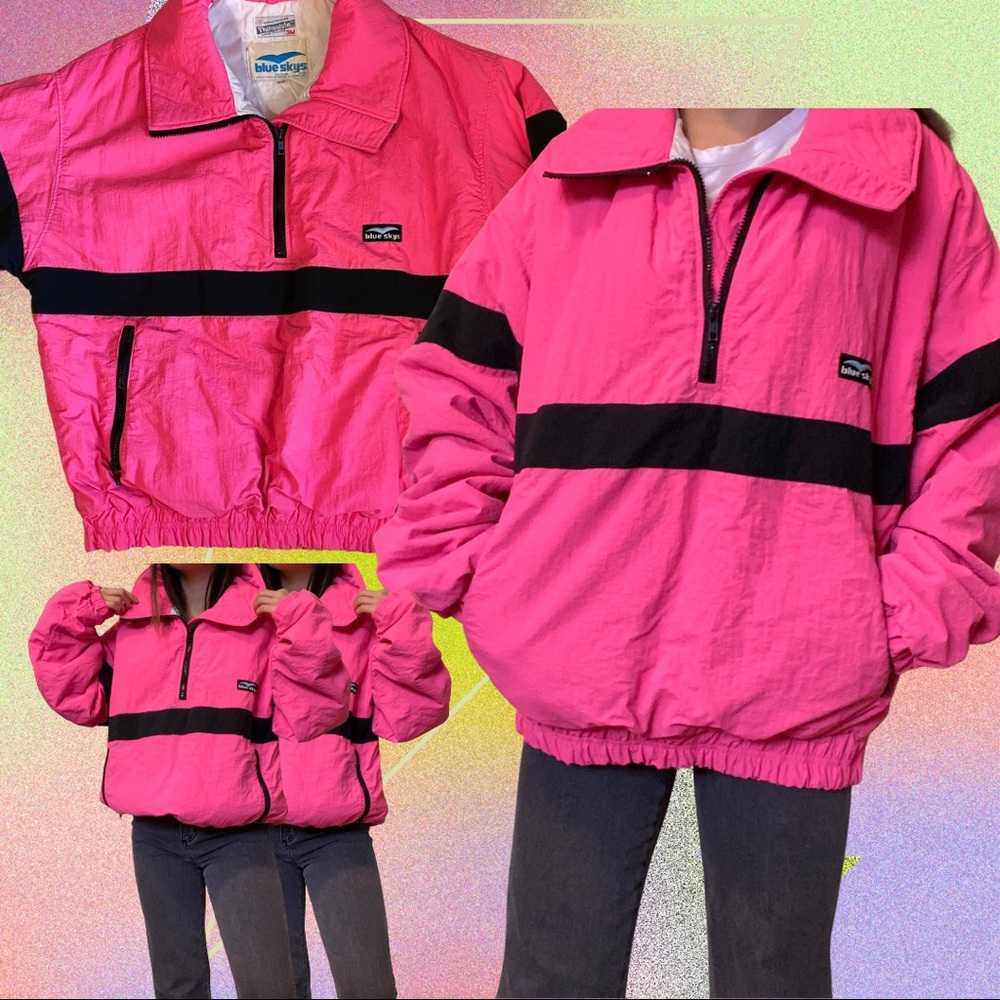Retro 80s blue sky pink ski jacket